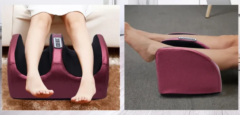 Bio-Lec Mobility electric foot massager in use seated on a sofa and reclined on the floor