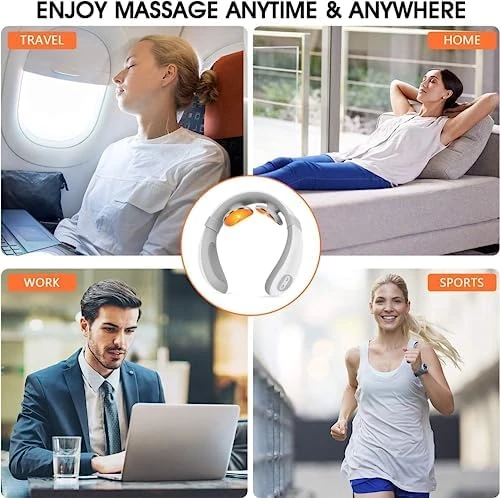 Electric pulse neck massager worn while travelling, at home, at work and during sport