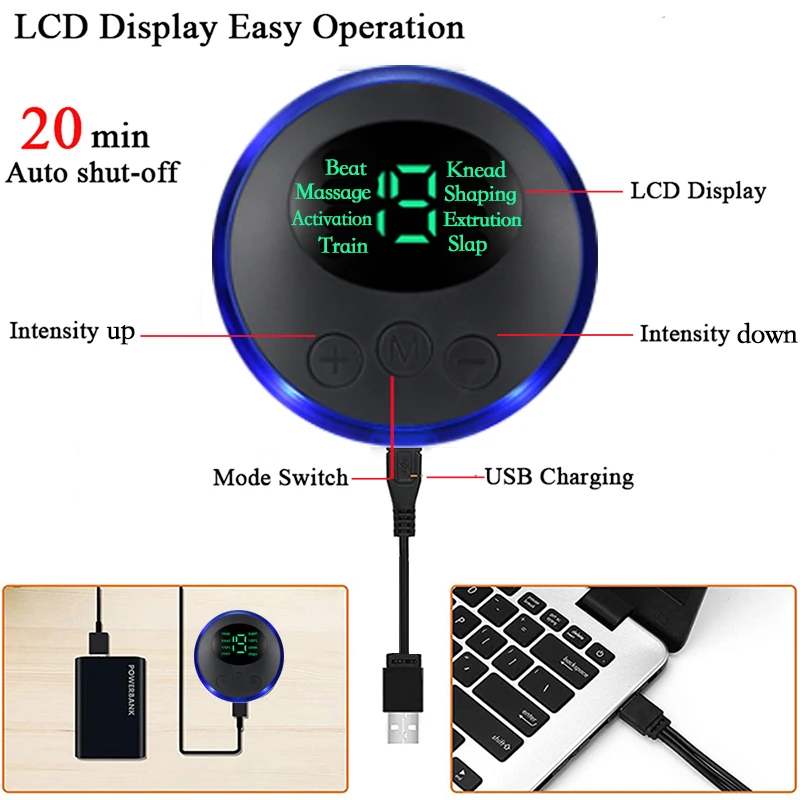 EMS foot massager pad LCD controller showing 20-minute auto shut-off and intensity buttons