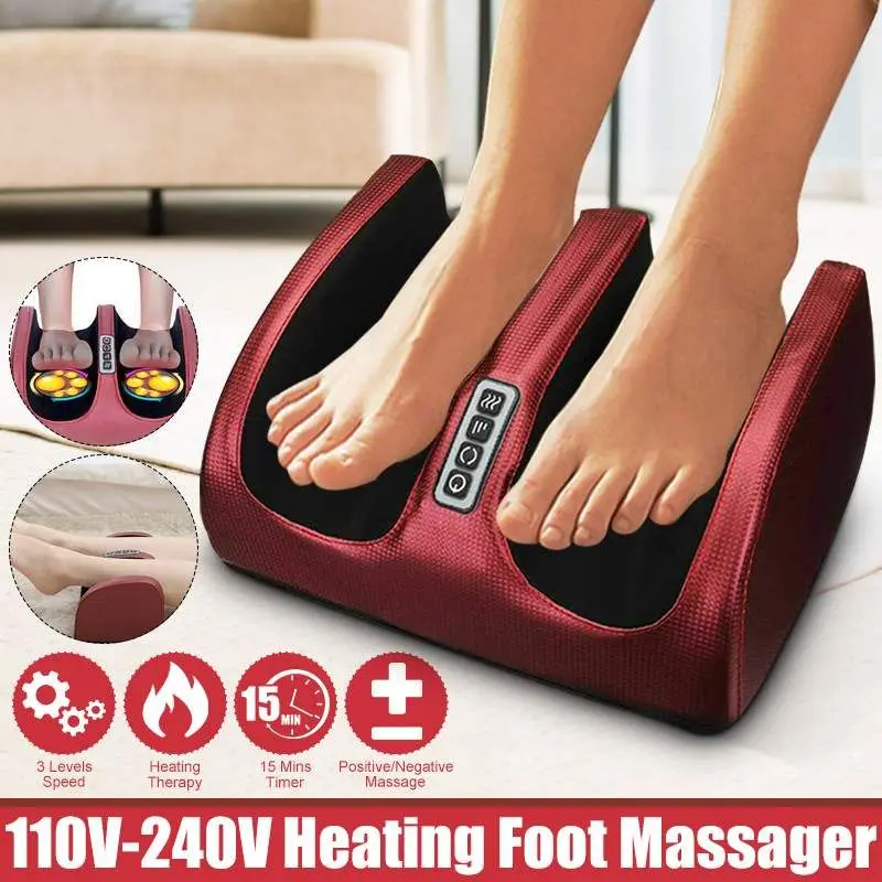 Foot massager control panel showing 3 speed levels, heating function, 15 minute timer and two-way rotation, 110V to 240V