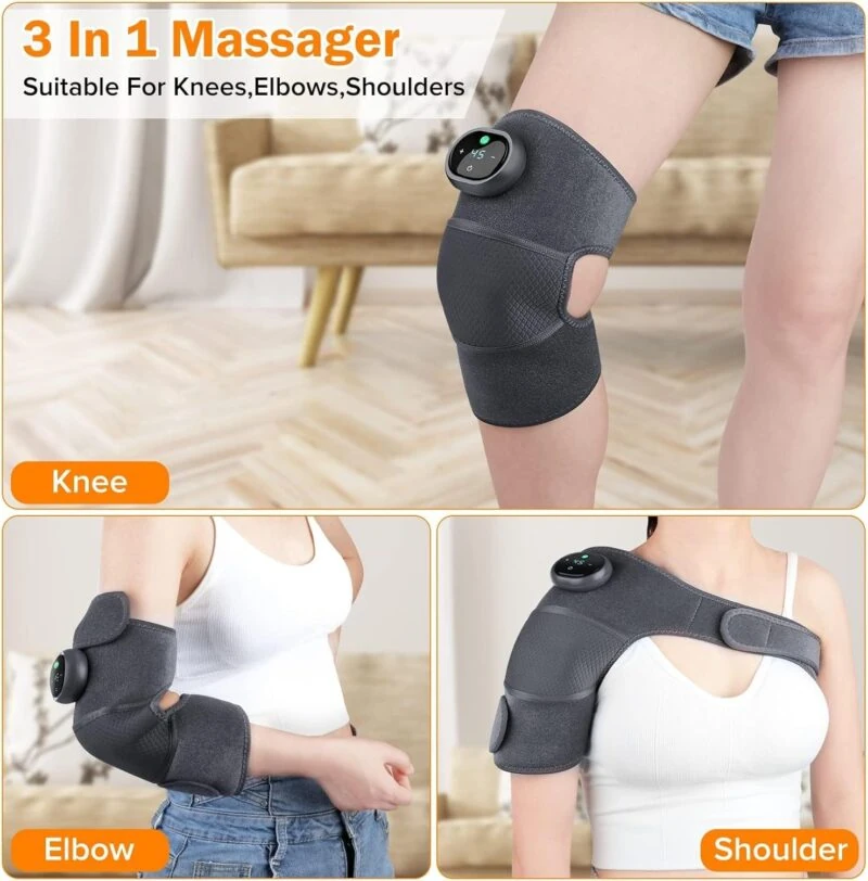 Bio-Lec Mobility heated knee massager worn on the knee, elbow and shoulder, grey wrap with round digital control pod