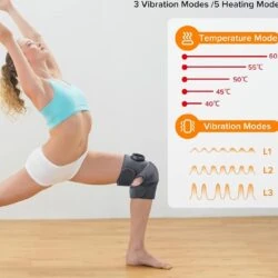 Bio-Lec Mobility heated knee massager showing 5 heat levels from 40C to 60C and 3 vibration modes L1 L2 L3
