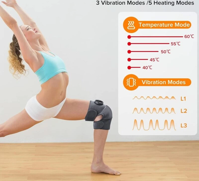 Bio-Lec Mobility heated knee massager showing 5 heat levels from 40C to 60C and 3 vibration modes L1 L2 L3
