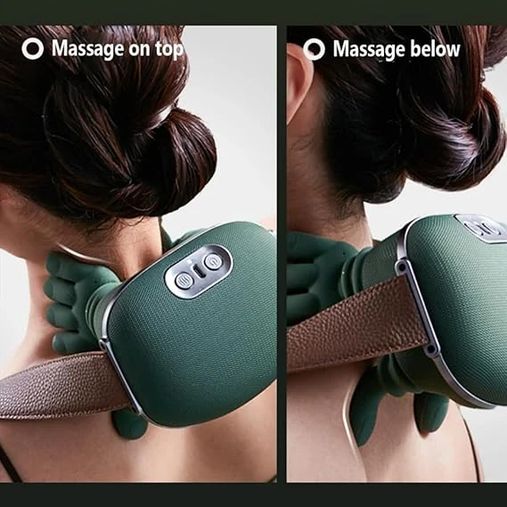 Neck massager shown in upper and lower positions on the neck and shoulders, secured with the adjustable strap