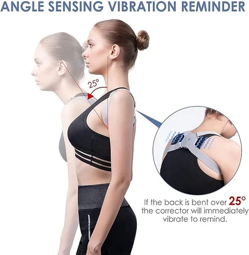 Posture corrector angle sensor vibrates when the upper back bends beyond 25 degrees