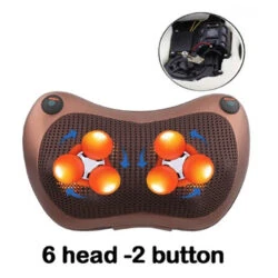 Shiatsu massage pillow with six rotating heads and two-button control
