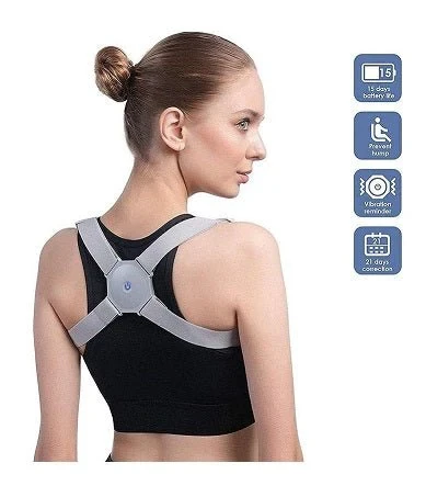 Bio-Lec Mobility smart posture corrector worn on the upper back, grey figure-of-eight harness with central sensor pod