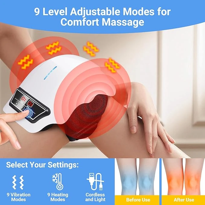 Wireless heated knee massager with 9 adjustable vibration and heating levels