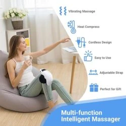 Wireless heated knee massager worn on the knee with adjustable strap