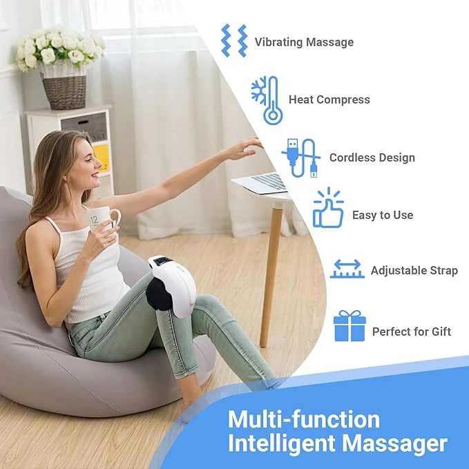 Wireless heated knee massager worn on the knee with adjustable strap