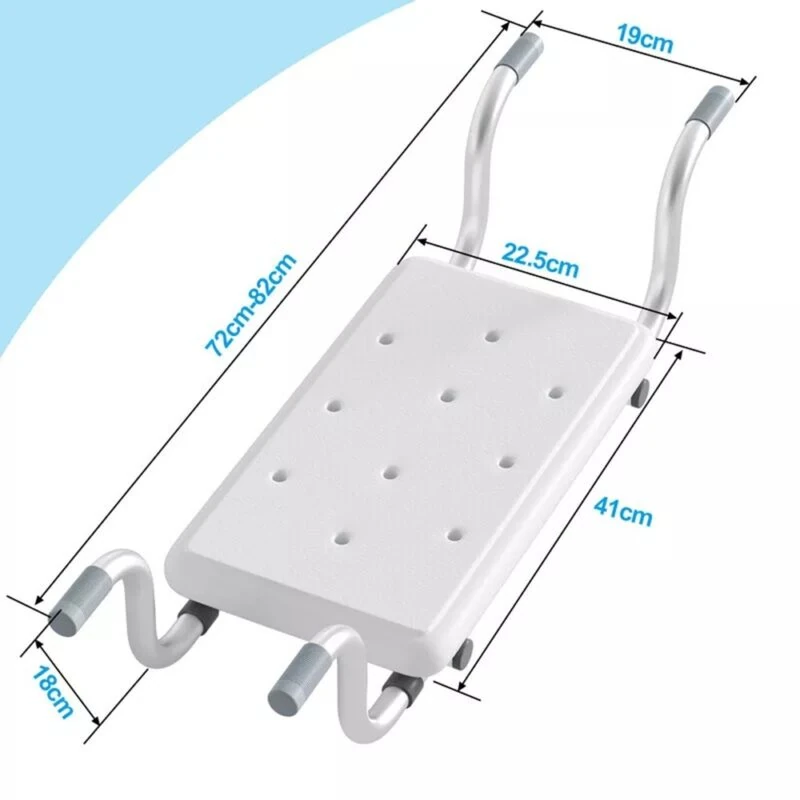 Dimension diagram of the suspended bath seat: 72-82cm length, 41cm x 22.5cm seat, 18cm hook drop