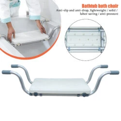 Suspended bath seat being placed into a bathtub with underside bracket detail