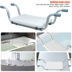 Suspended bath seat shown fitted across four different styles of bathtub