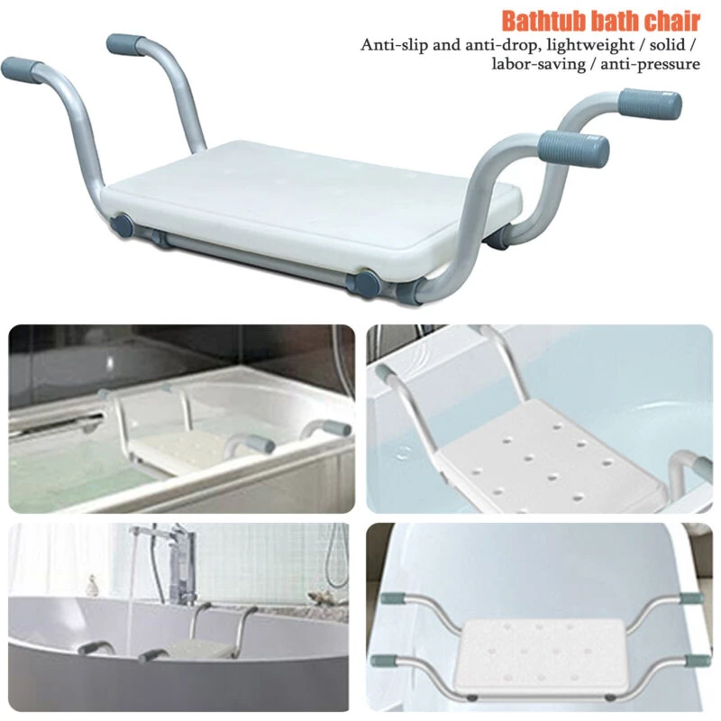 Suspended bath seat shown fitted across four different styles of bathtub
