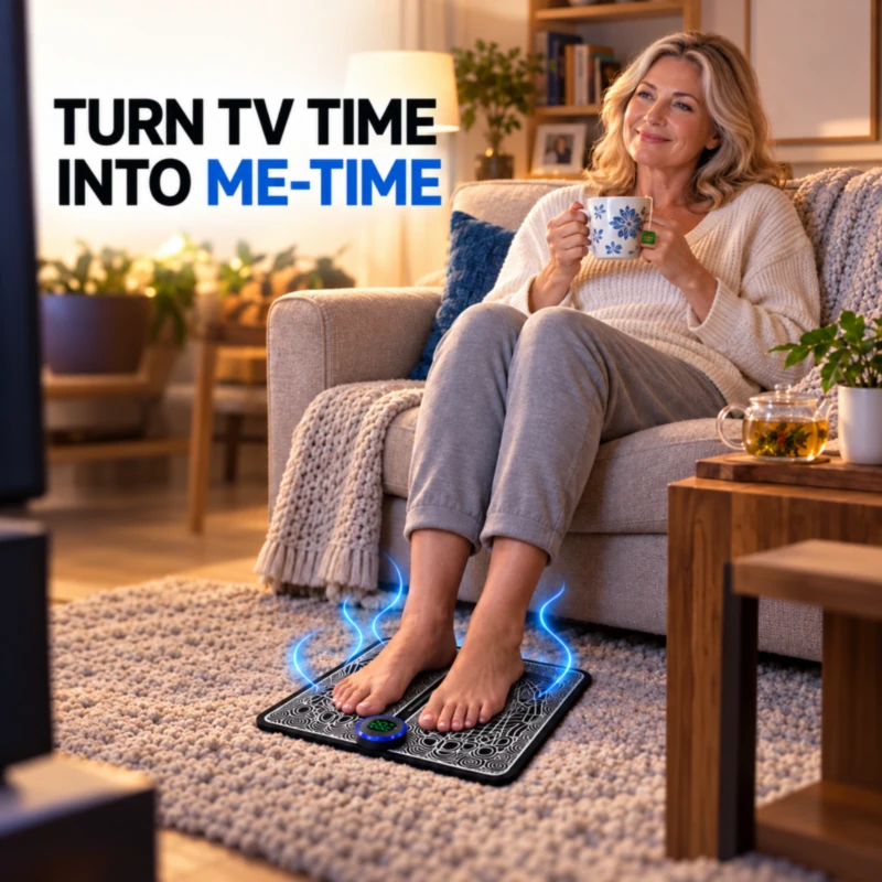 EMS foot massager pad used on the sofa while watching TV