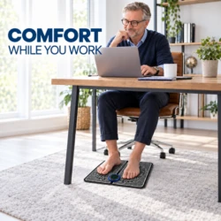 EMS foot massager pad used under a desk for comfort while you work