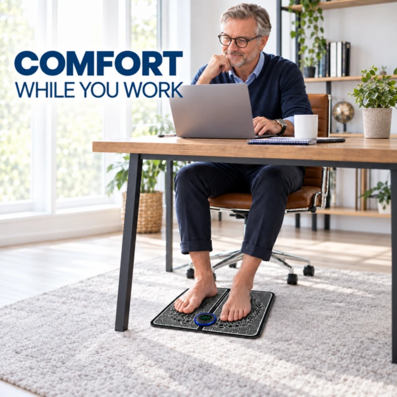 EMS foot massager pad used under a desk for comfort while you work