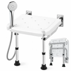 Wall Mounted Shower Chair with Height Adjustable Legs & Shower Head Slot | Flip Up Shower Seat