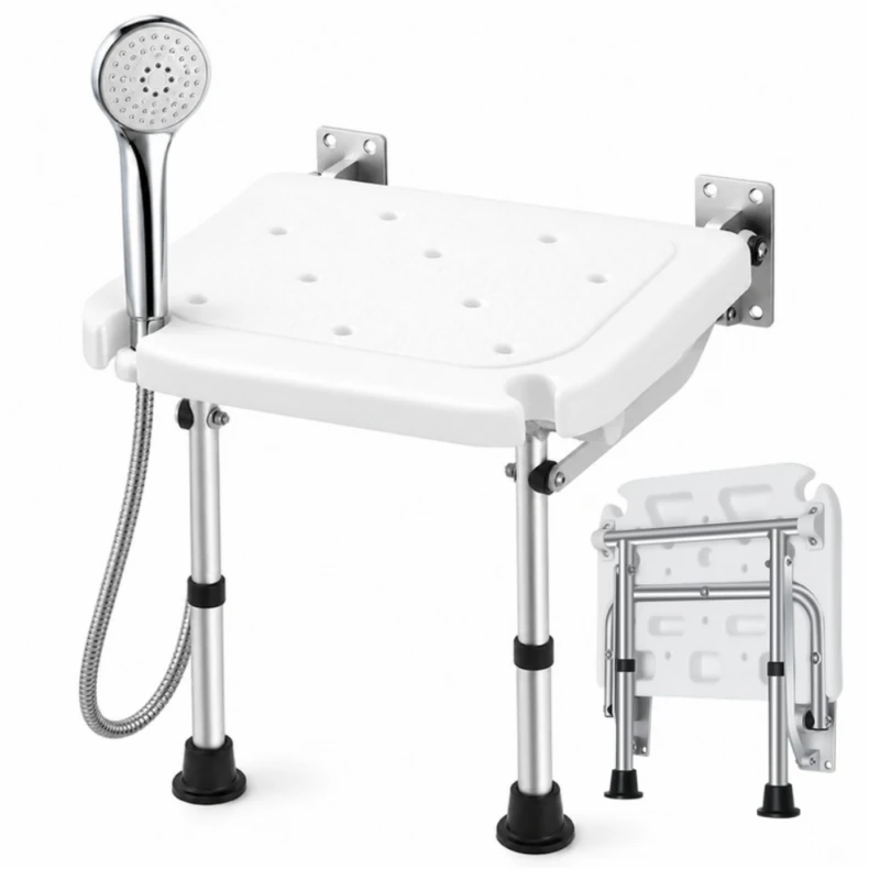 Wall mounted flip-up shower seat with height adjustable legs, shower head slot and folded view