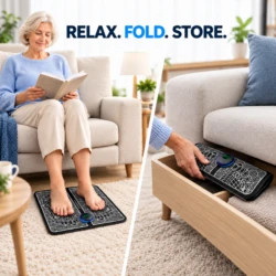 EMS foot massager pad folds flat for easy storage