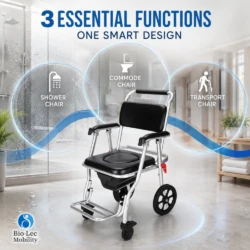 3-in-1 shower commode wheelchair works as a shower chair, commode chair and transport chair