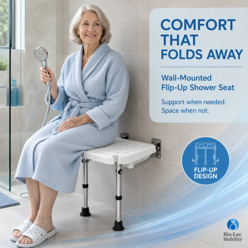 Woman seated on wall-mounted flip-up shower seat holding a shower head
