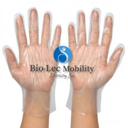 Pair of hands wearing clear disposable polyethylene gloves with Bio-Lec Mobility logo