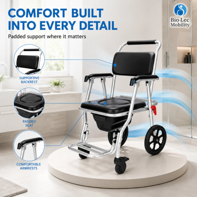 Shower commode wheelchair with supportive padded backrest, padded seat and comfortable armrests