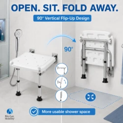 Shower seat folding up 90 degrees vertically to free up shower space
