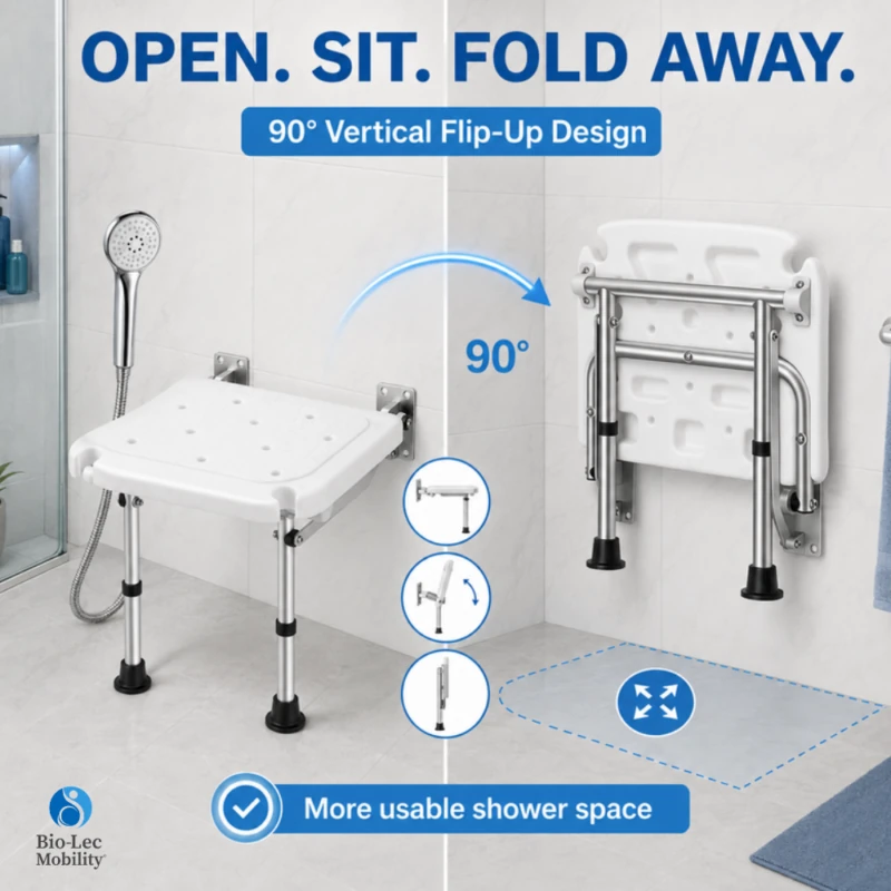 Shower seat folding up 90 degrees vertically to free up shower space