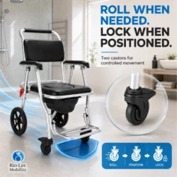 Locking castors on the shower commode wheelchair to roll, position and lock in place
