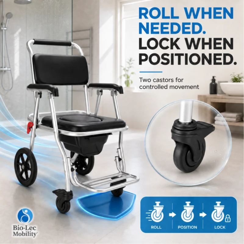 Locking castors on the shower commode wheelchair to roll, position and lock in place
