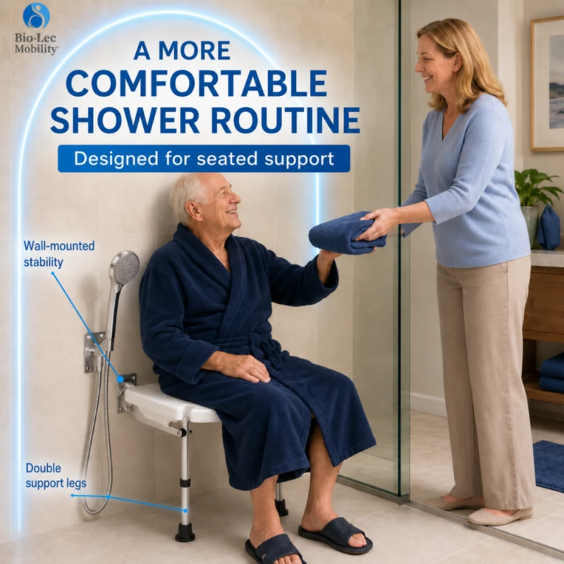 Elderly man seated on wall-mounted shower chair with carer handing him a towel
