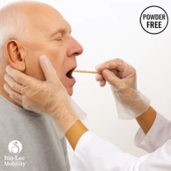 Powder-free clear gloves worn during an oral check on an elderly man