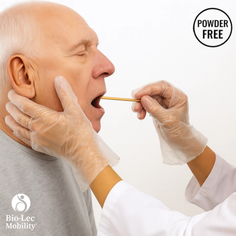 Powder-free clear gloves worn during an oral check on an elderly man