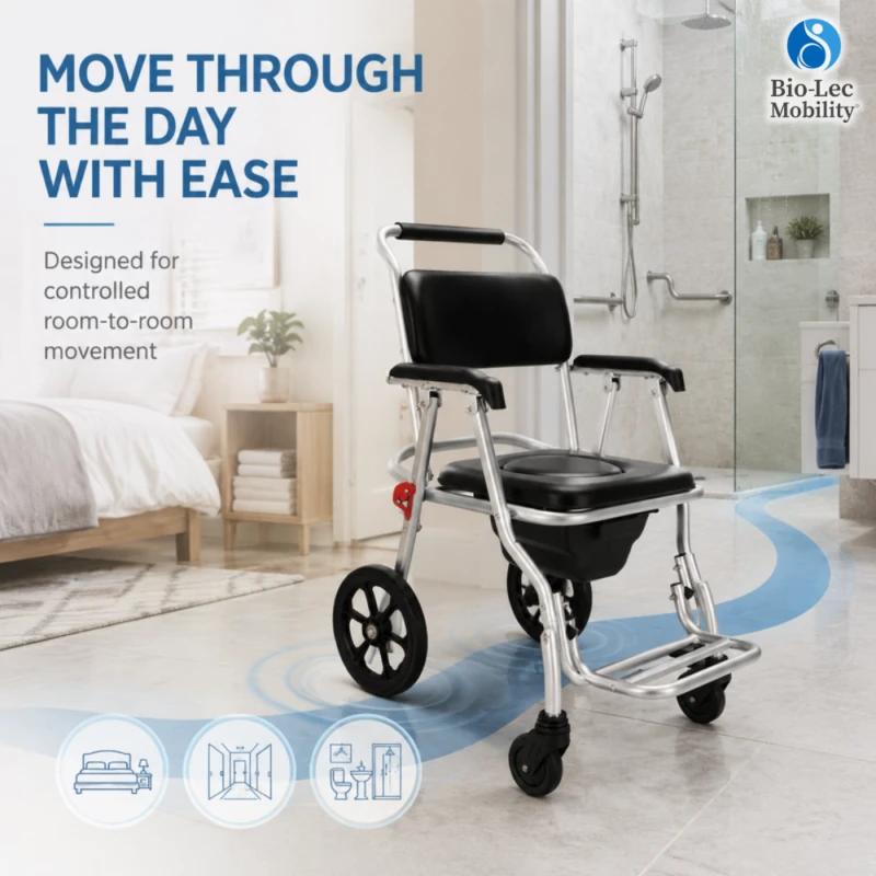 Wheeled shower commode chair for controlled room-to-room movement between bedroom and bathroom
