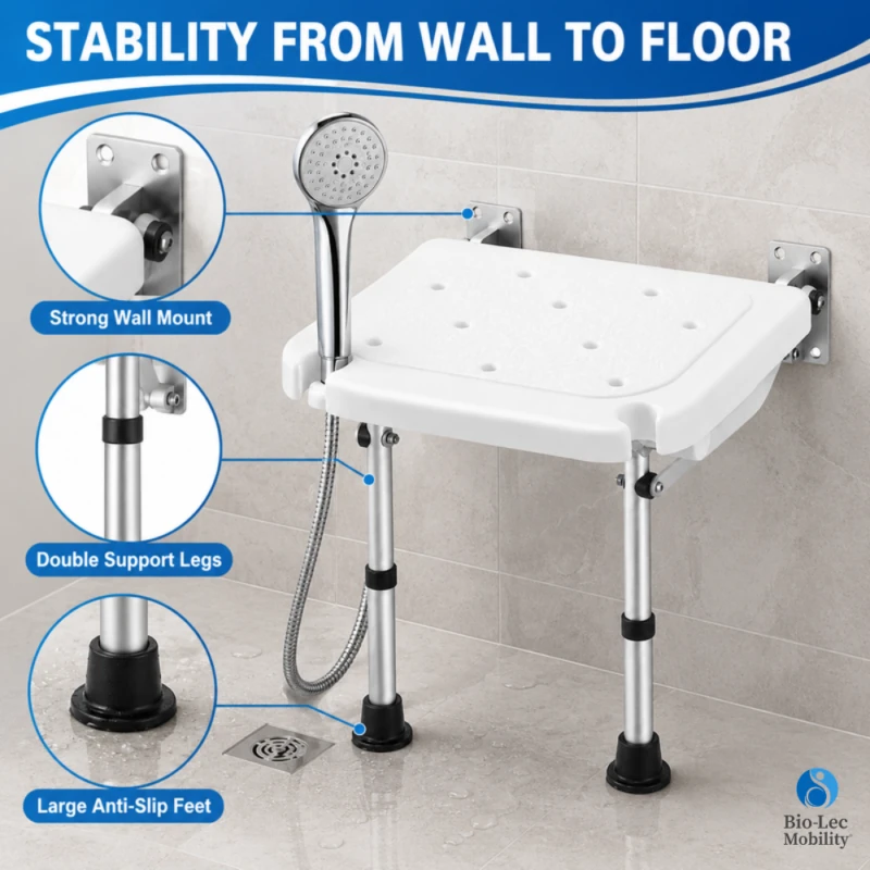 Shower seat stability features: strong wall mount, double support legs and large anti-slip feet