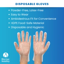 Disposable gloves features: powder-free, latex-free, ambidextrous, HDPE food-safe, hygienic
