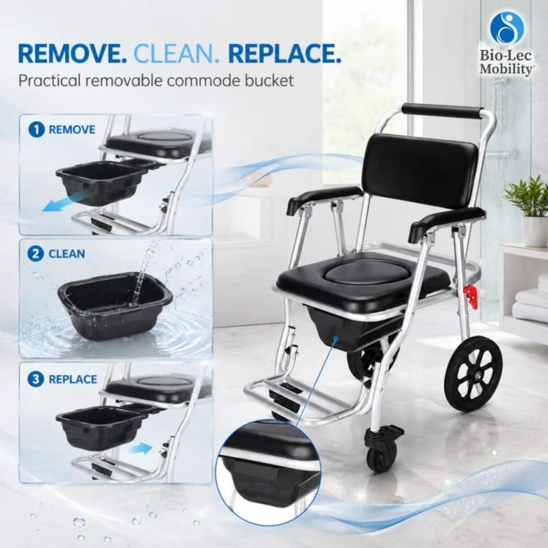 Removable commode bucket: remove, clean and replace