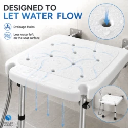Shower seat drainage holes letting water flow through the seat surface