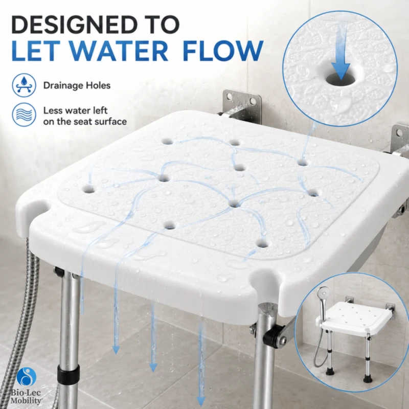 Shower seat drainage holes letting water flow through the seat surface