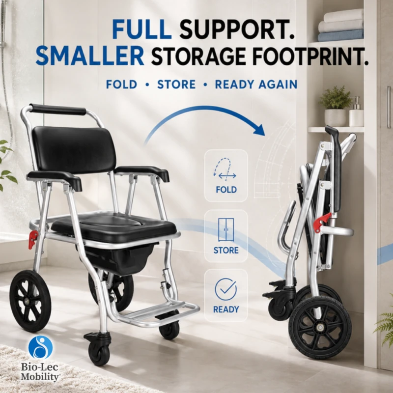 Folding shower commode wheelchair shown open and folded flat for compact storage