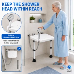 Built-in shower head slot on the wall mounted shower seat keeping the hose organised