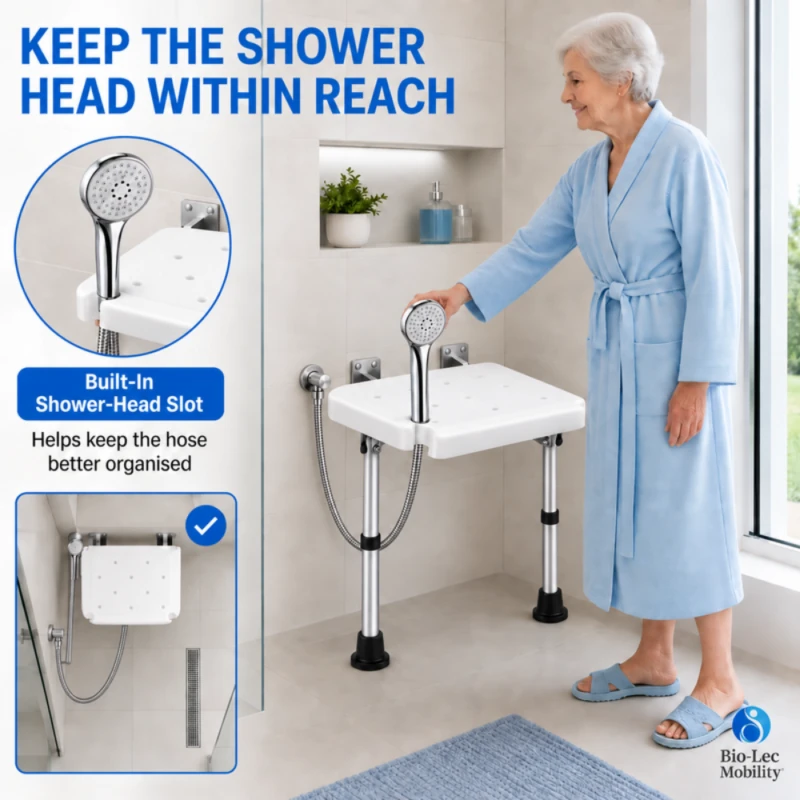 Built-in shower head slot on the wall mounted shower seat keeping the hose organised