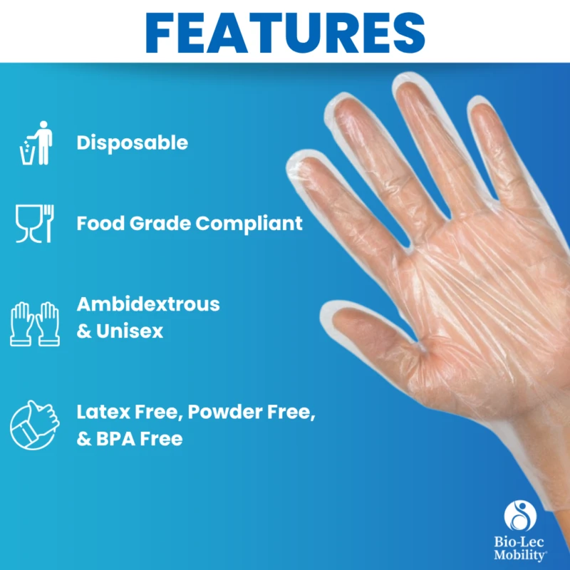 Clear glove features: disposable, food grade compliant, ambidextrous and unisex, latex, powder and BPA free