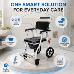 Shower commode wheelchair features: 3-in-1 function, padded seating, removable bucket, manoeuvrable wheels, folding design, foldable footrest