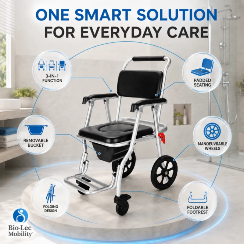 Shower commode wheelchair features: 3-in-1 function, padded seating, removable bucket, manoeuvrable wheels, folding design, foldable footrest