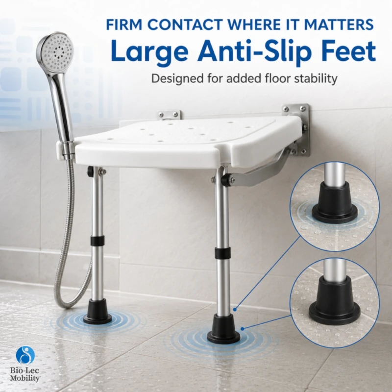 Large anti-slip feet on the shower seat legs for floor stability
