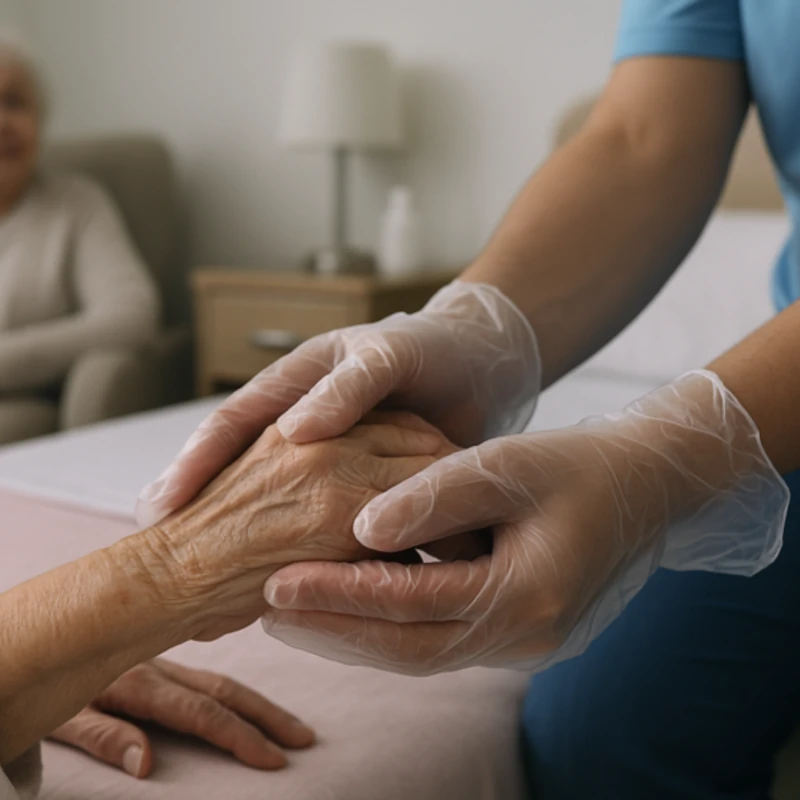 Carer wearing clear disposable gloves holding an elderly resident's hand