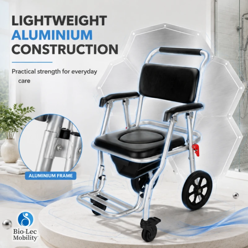 Lightweight aluminium frame of the shower commode wheelchair